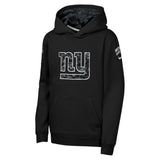 Black pullover hoodie shown from the front featuring a large New York Giants logo on the front chest, a small sleeve graphic on the back left, and a small logo on the right sleeve.