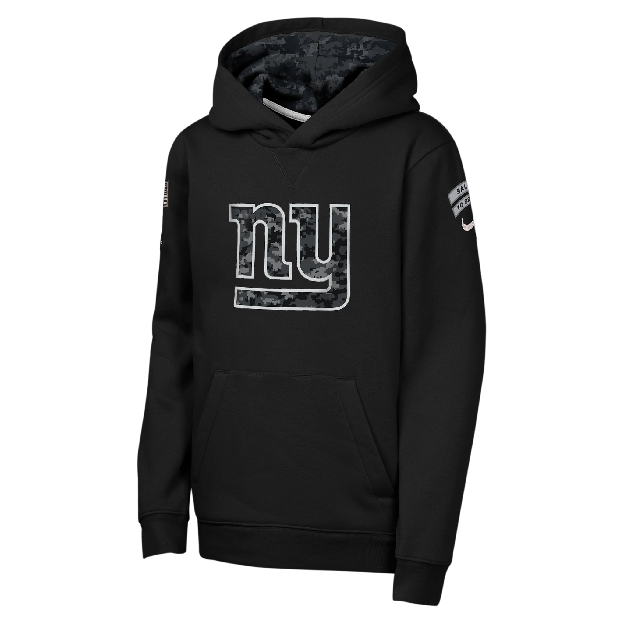Black pullover hoodie shown from the front featuring a large New York Giants logo on the front chest, a small sleeve graphic on the back left, and a small logo on the right sleeve.