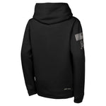 Black pullover hoodie shown back, fa small sleeve graphic on the back left, and a small logo on the right sleeve.