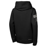 Black pullover hoodie shown back, fa small sleeve graphic on the back left, and a small logo on the right sleeve.