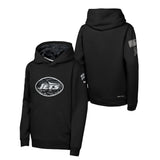 Black pullover hoodie shown from the front and back, featuring a large New York Jets oval logo on the front chest, a small sleeve graphic on the back left, and a small logo on the right sleeve.