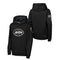 Black pullover hoodie shown from the front and back, featuring a large New York Jets oval logo on the front chest, a small sleeve graphic on the back left, and a small logo on the right sleeve.