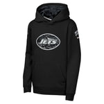 A black pullover hoodie featuring the New York Jets oval logo printed on the chest, with a subtle camouflage pattern lining the hood and on the sleeve.