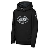 A black pullover hoodie featuring the New York Jets oval logo printed on the chest, with a subtle camouflage pattern lining the hood and on the sleeve.