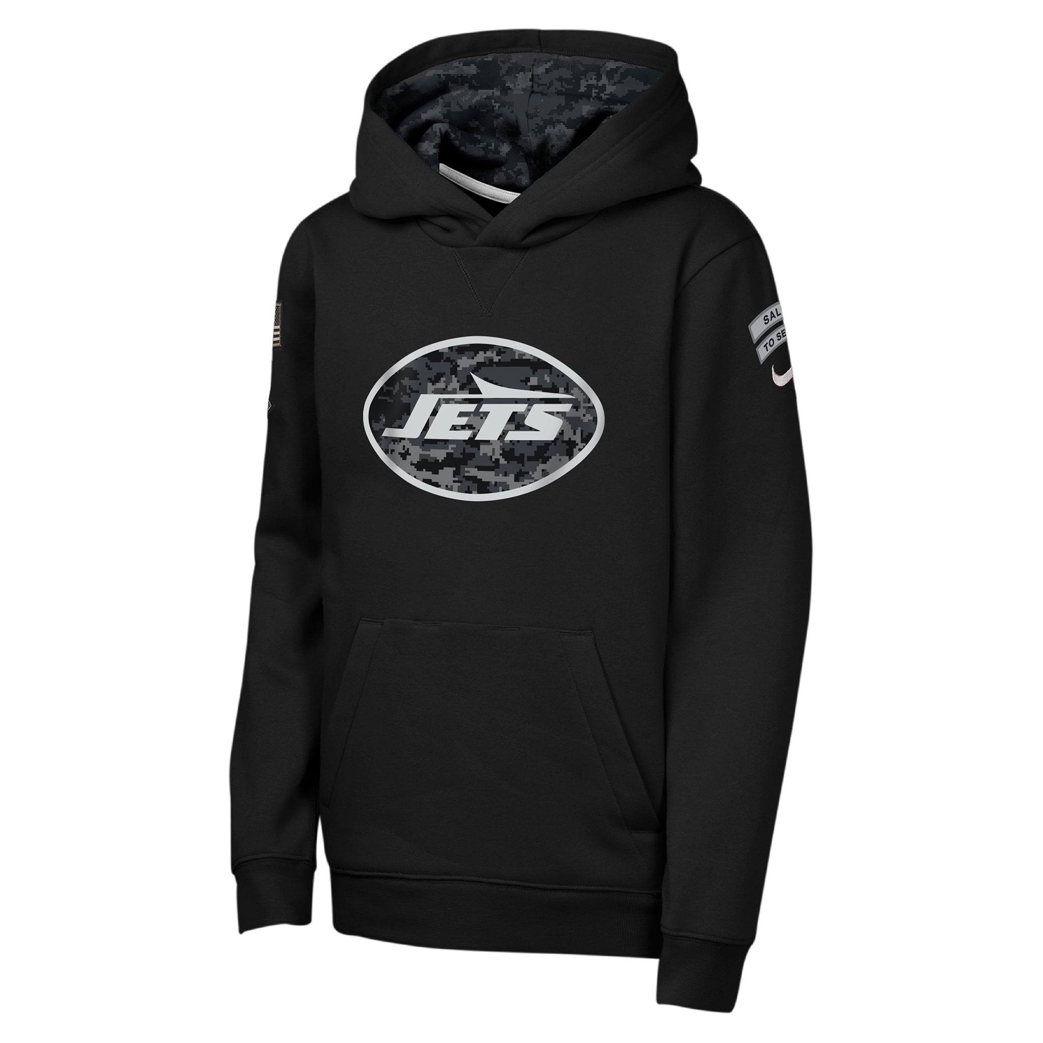 A black pullover hoodie featuring the New York Jets oval logo printed on the chest, with a subtle camouflage pattern lining the hood and on the sleeve.
