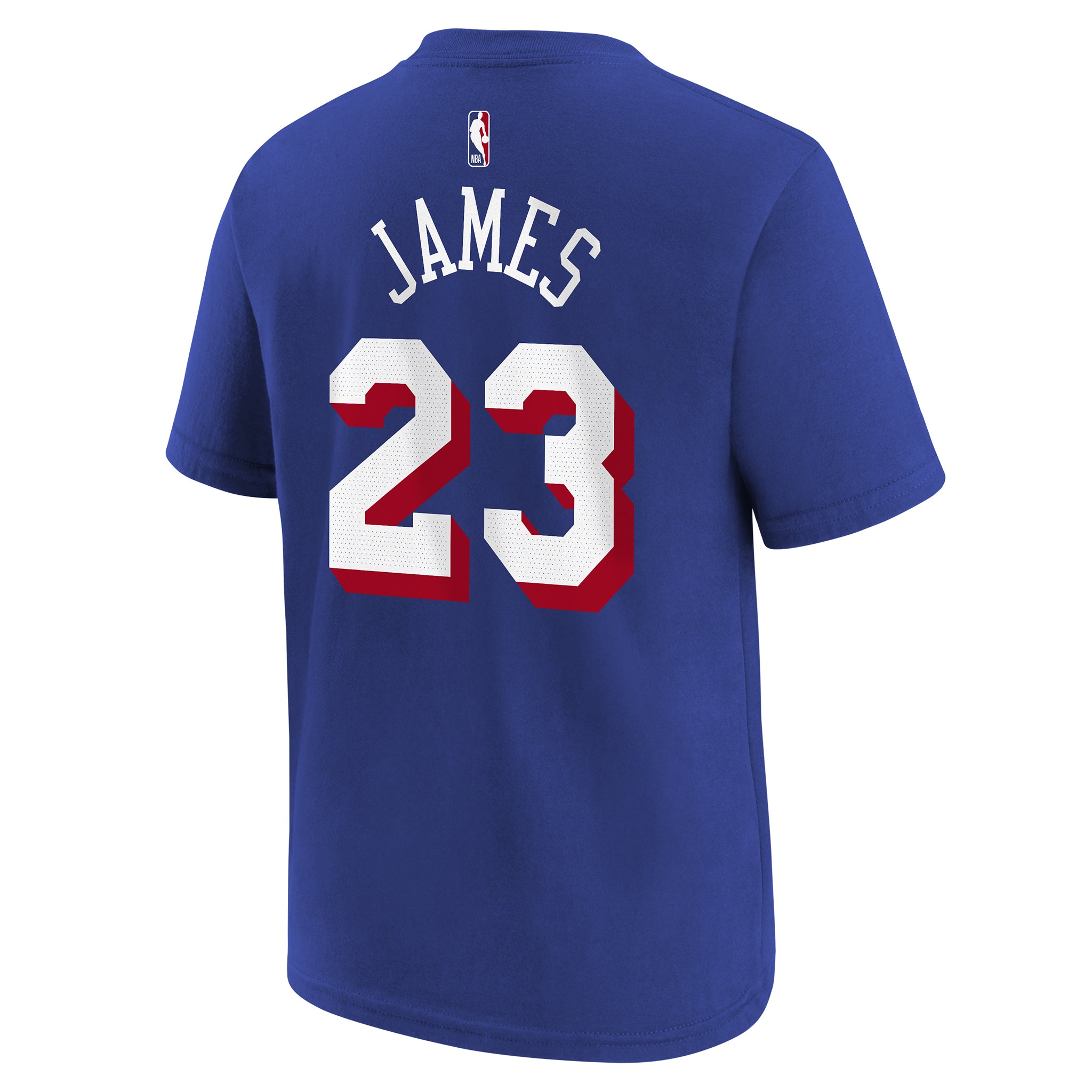 A royal blue short-sleeve t-shirt shown from the back, featuring 'JAMES' and the number '23' in white with a red outline, and an NBA logo at the top center.