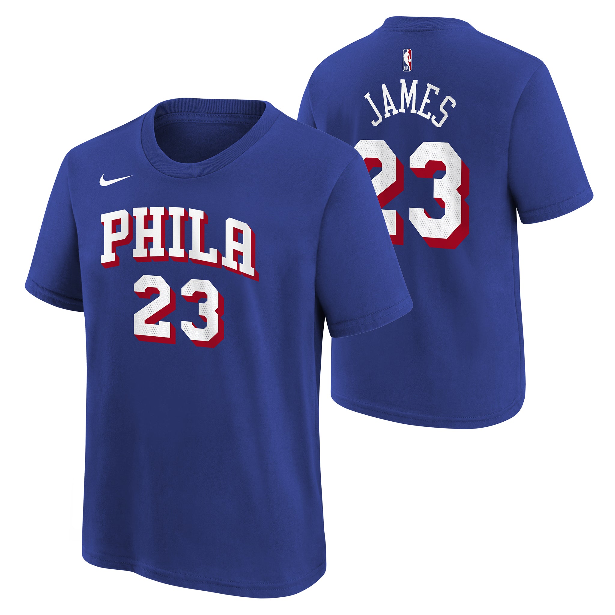 A royal blue short-sleeve t-shirt shown from both front and back. The front features 'PHILA' and '23' in white block letters with red outlines, and a small white Nike swoosh on the left chest.