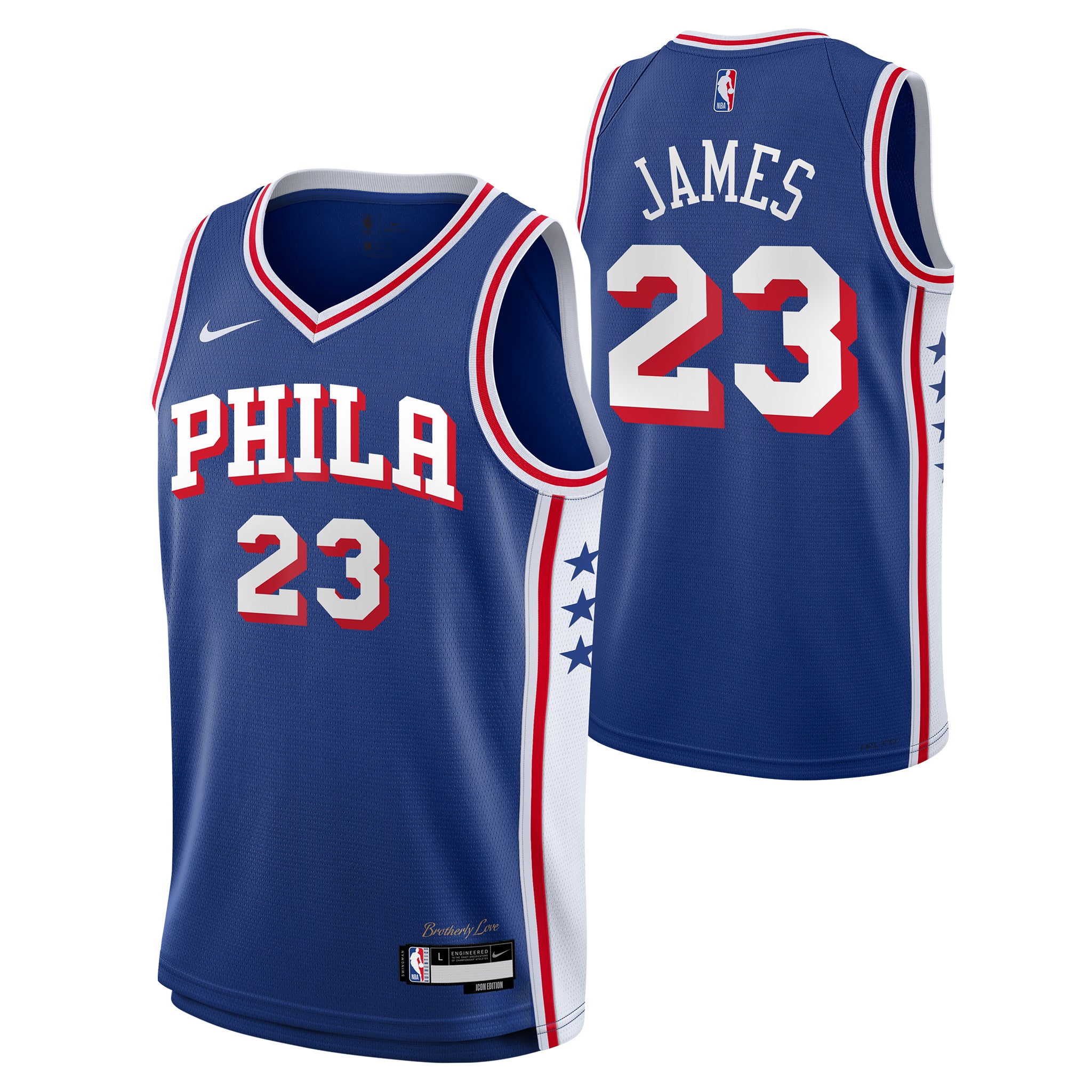 A blue Philadelphia 76ers basketball jersey shown from both front and back. The jersey features the team name 'PHILA' and number '23' on the front, and 'JAMES' and number '23' on the back.