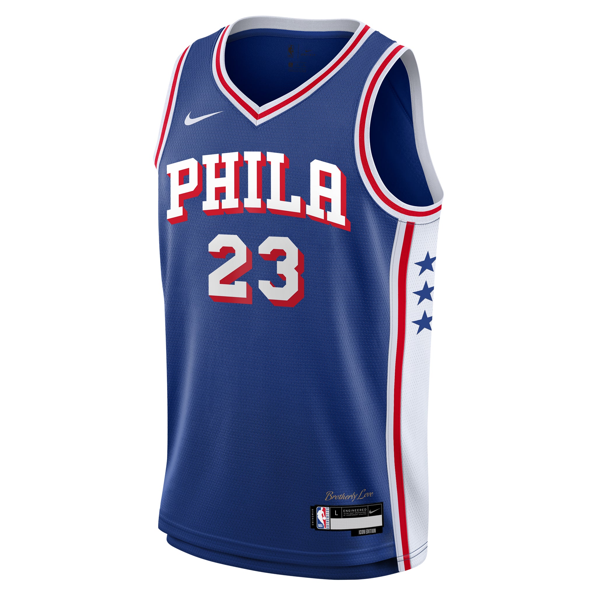 A blue Philadelphia 76ers basketball jersey with 'PHILA' and the number '23' in white with red outlines, featuring a white side panel with three blue stars and a white Nike swoosh on the chest.