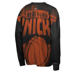 A black and orange New York Knicks long-sleeve sweatshirt shown from the back, featuring a distressed 'NEW YORK KNICKS' logo and a basketball graphic on a white background.
