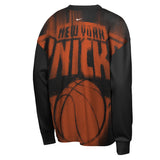 A black and orange New York Knicks long-sleeve sweatshirt shown from the back, featuring a distressed 'NEW YORK KNICKS' logo and a basketball graphic on a white background.