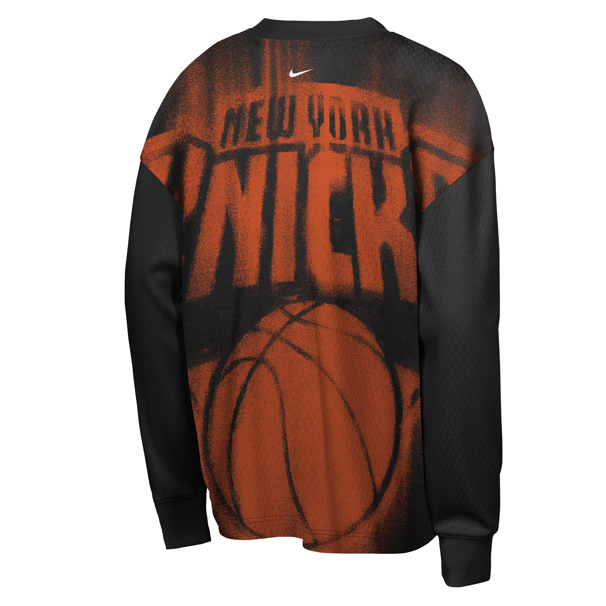 A black and orange New York Knicks long-sleeve sweatshirt shown from the back, featuring a distressed 'NEW YORK KNICKS' logo and a basketball graphic on a white background.