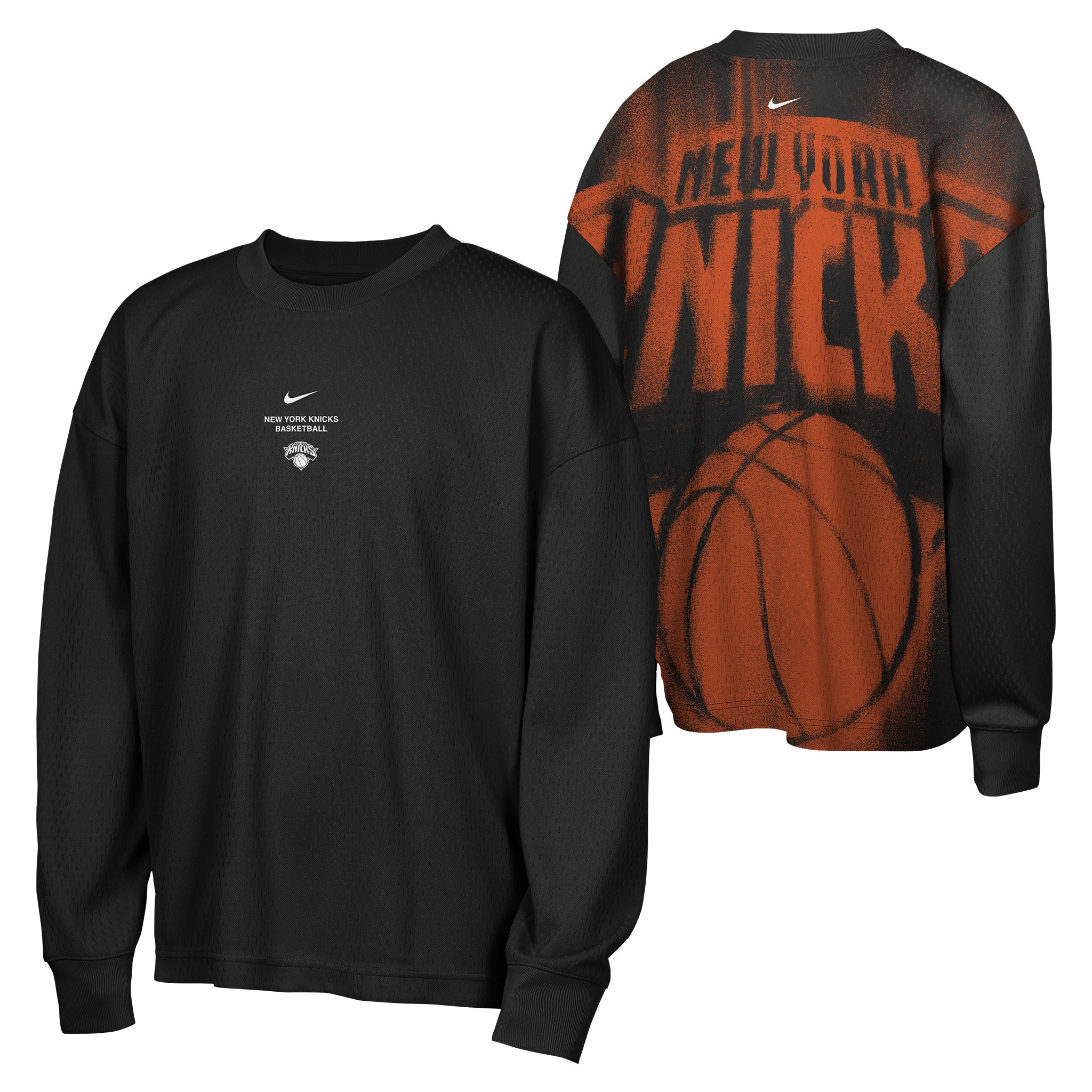 Black long-sleeve crewneck sweatshirt shown from the front and back. The front features a small white Nike swoosh and New York Knicks logo on the left chest.