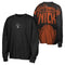 Black long-sleeve crewneck sweatshirt shown from the front and back. The front features a small white Nike swoosh and New York Knicks logo on the left chest.