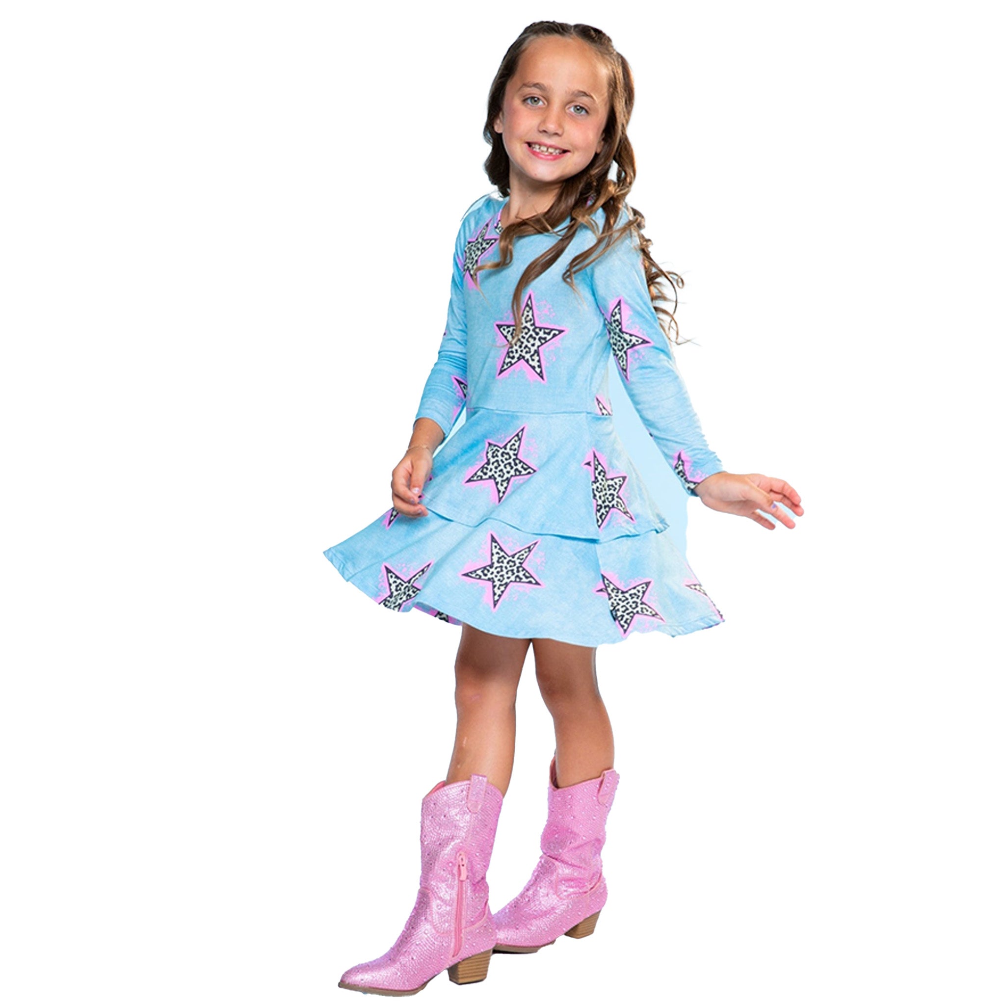 Allover Leopard Stars Double Ruffle Long Sleeve Dress - Denny's