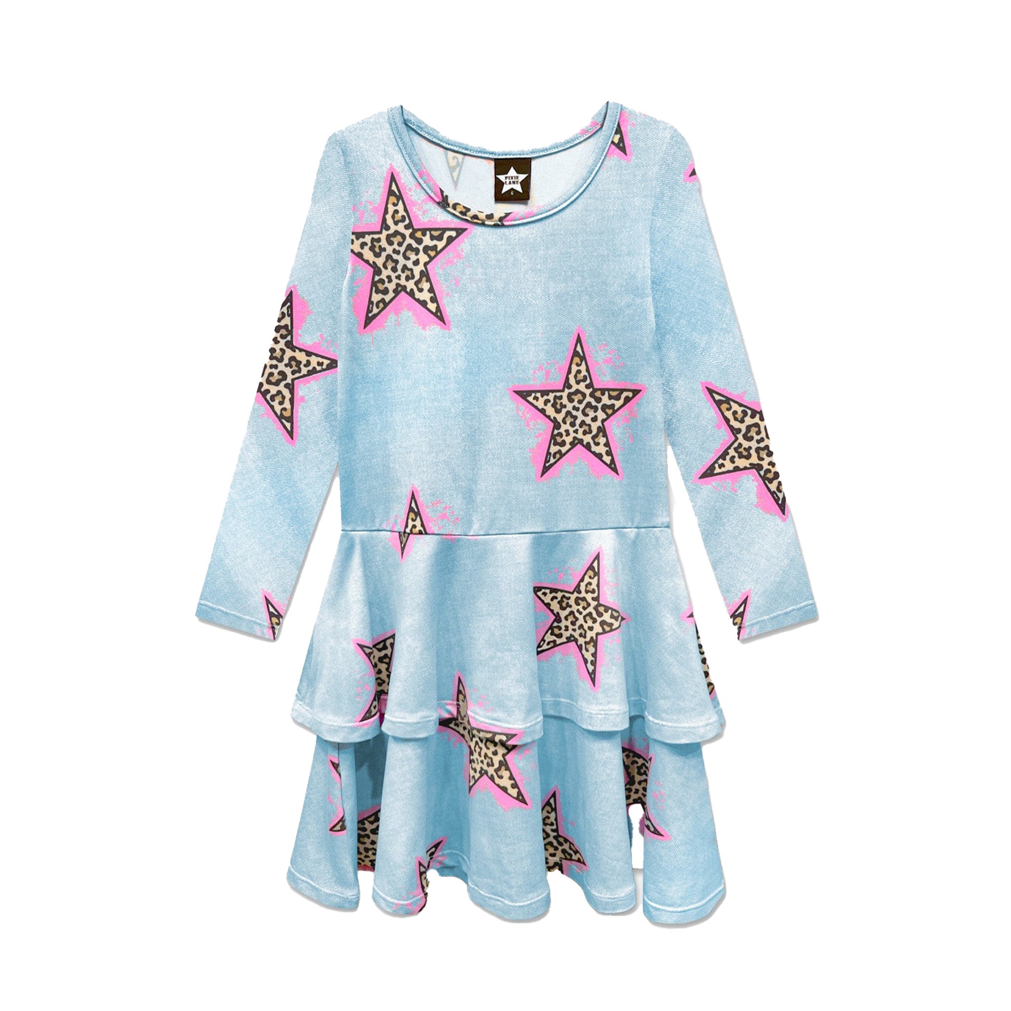 Allover Leopard Stars Double Ruffle Long Sleeve Dress - Denny's