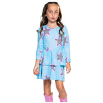 Allover Leopard Stars Double Ruffle Long Sleeve Dress - Denny's