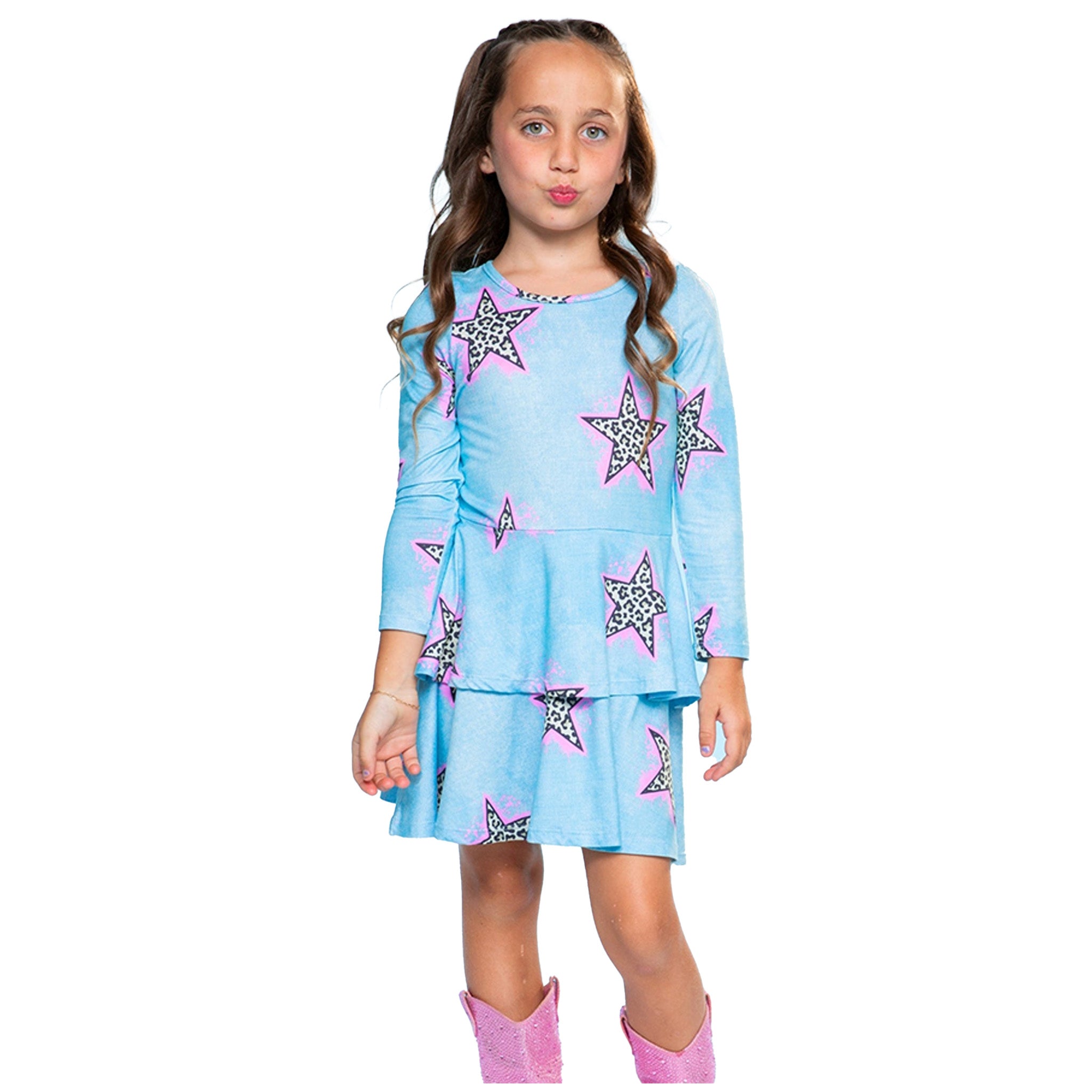 Allover Leopard Stars Double Ruffle Long Sleeve Dress - Denny's