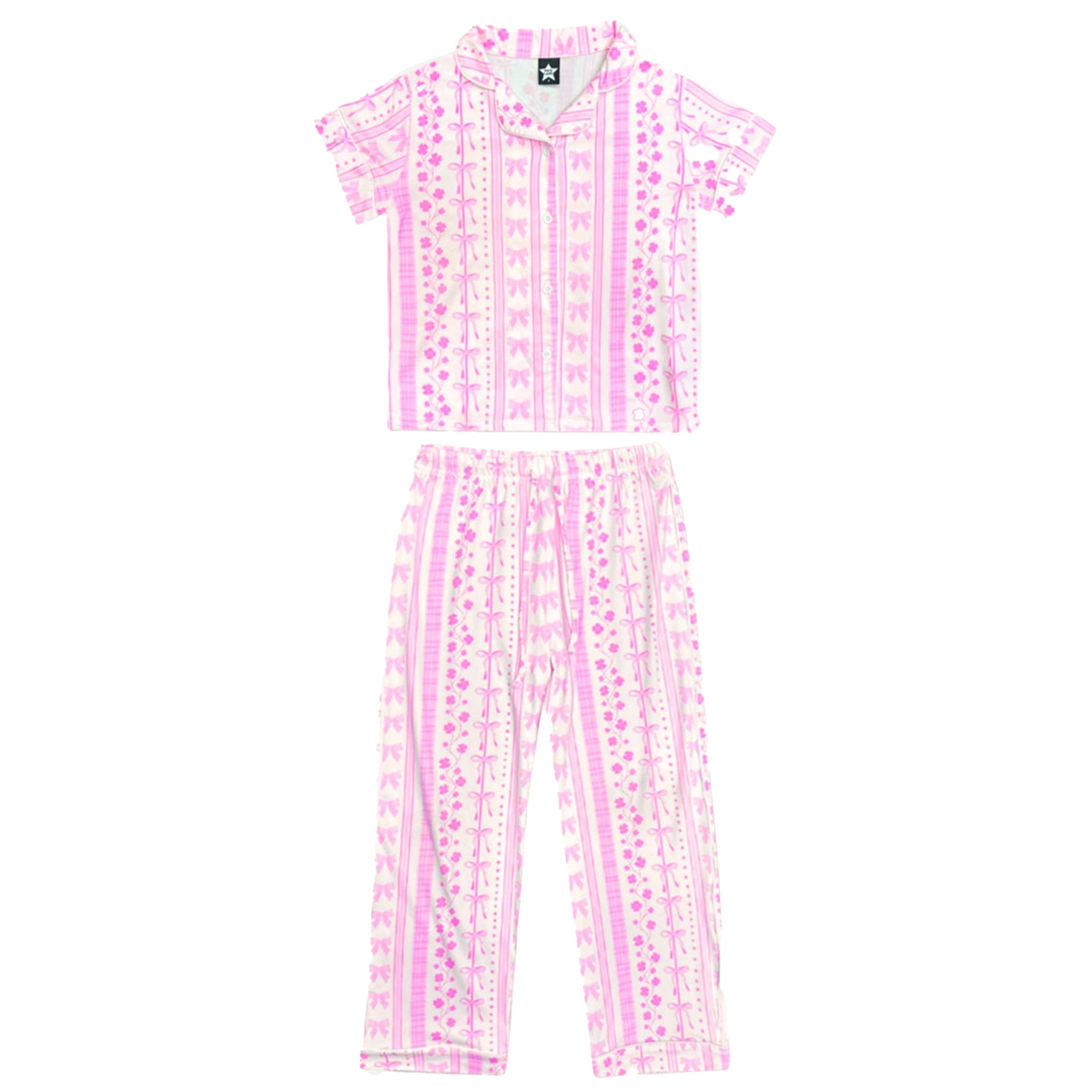 Simply Soft Button Down Pink Stripe Floral 2pc Set Long Pant - Denny's