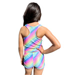 A child model shown from the back wearing a matching rainbow tie-dye tank top and shorts set against a plain white background.