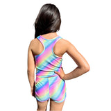 A child model shown from the back wearing a matching rainbow tie-dye tank top and shorts set against a plain white background.