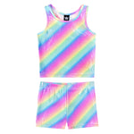 A two-piece kids' tank top and shorts set with a vibrant diagonal rainbow stripe pattern in pink, yellow, green, blue, and purple, displayed on a clean white background.