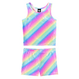A two-piece kids' tank top and shorts set with a vibrant diagonal rainbow stripe pattern in pink, yellow, green, blue, and purple, displayed on a clean white background.