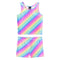 A two-piece kids' tank top and shorts set with a vibrant diagonal rainbow stripe pattern in pink, yellow, green, blue, and purple, displayed on a clean white background.