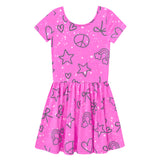 A pink short-sleeve dress with white speckles, featuring a playful all-over print of black line drawings including stars, hearts, bows, rainbows, and peace signs, set against a plain white background.