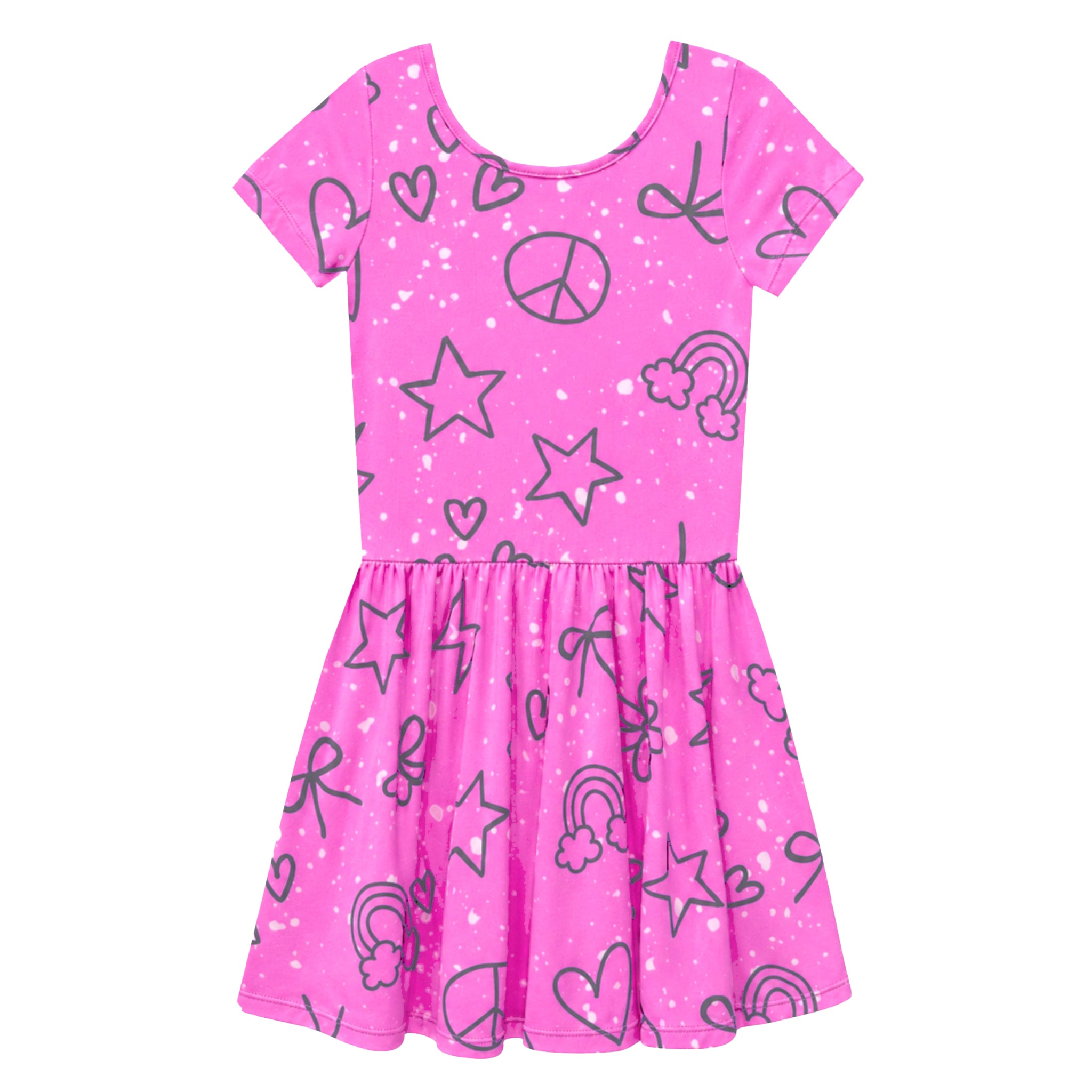 A pink short-sleeve dress with white speckles, featuring a playful all-over print of black line drawings including stars, hearts, bows, rainbows, and peace signs, set against a plain white background.