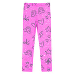 Pink leggings with white speckles with a playful pattern of hand-drawn style black outlines featuring hearts, rainbows, stars, flowers, and lightning bolts, set against a solid white background.