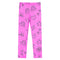 Pink leggings with white speckles with a playful pattern of hand-drawn style black outlines featuring hearts, rainbows, stars, flowers, and lightning bolts, set against a solid white background.