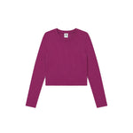 A long-sleeve crewneck knit top in a deep magenta or berry purple color, presented flat against a solid white background.