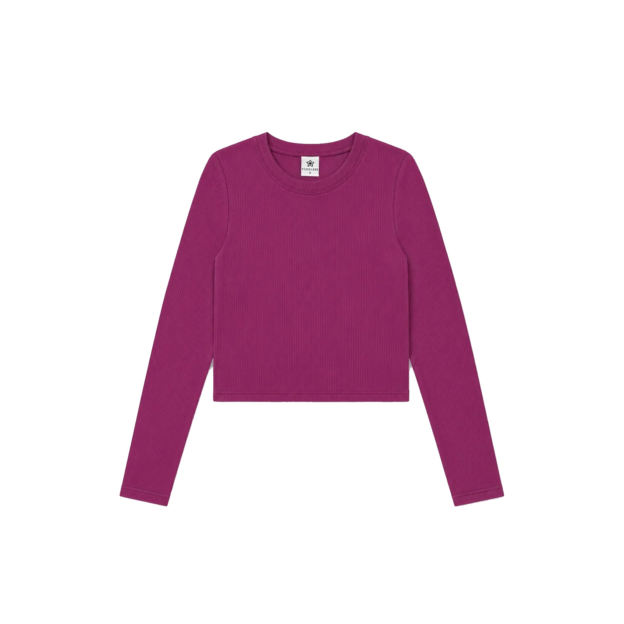 A long-sleeve crewneck knit top in a deep magenta or berry purple color, presented flat against a solid white background.