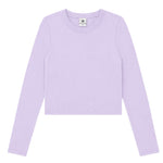 A light purple ribbed long-sleeve crop top with a crew neck, displayed flat against a solid white background.