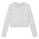 A light gray ribbed long-sleeve crop top with a crew neck, displayed flat against a solid white background.