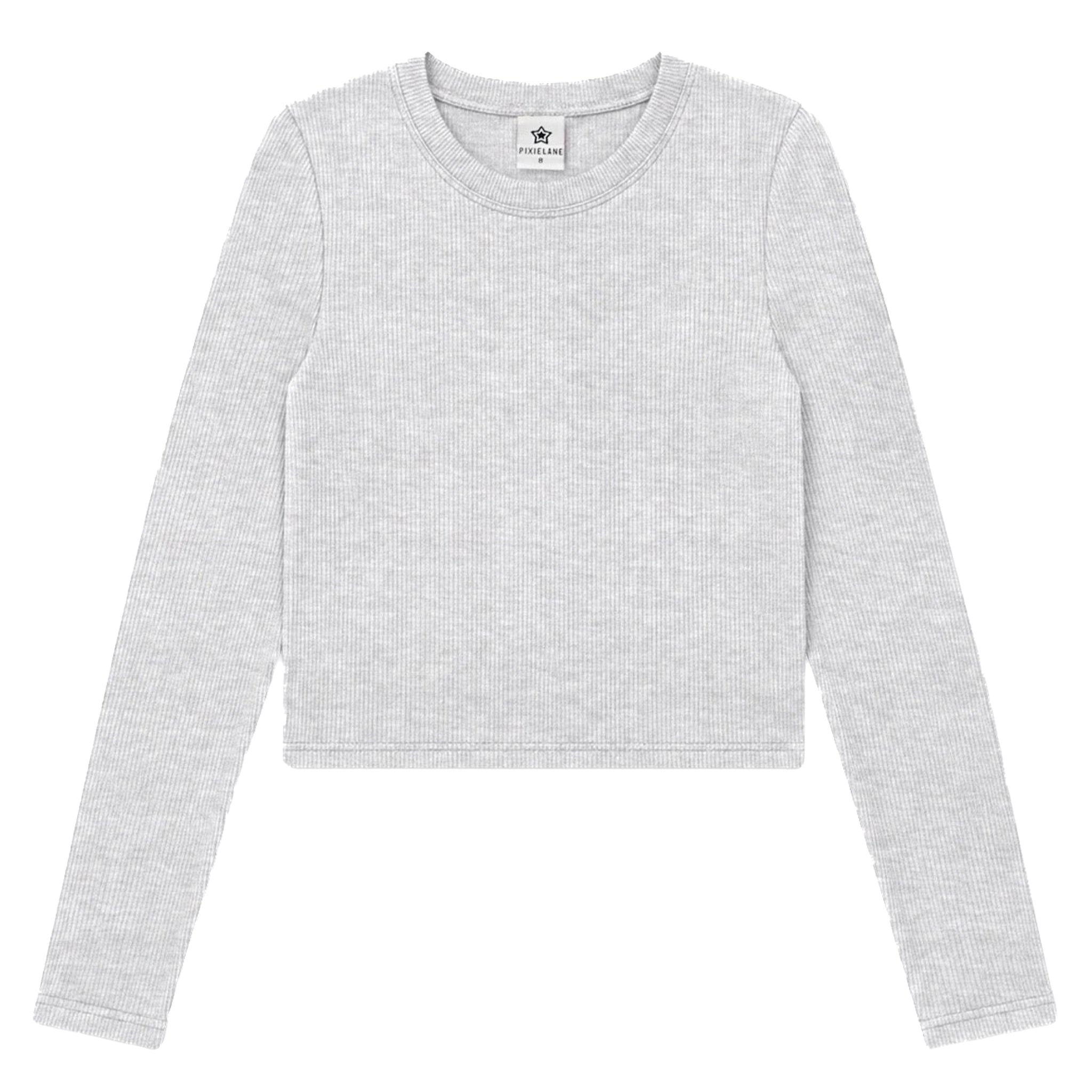 A light gray ribbed long-sleeve crop top with a crew neck, displayed flat against a solid white background.