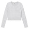 A light gray ribbed long-sleeve crop top with a crew neck, displayed flat against a solid white background.