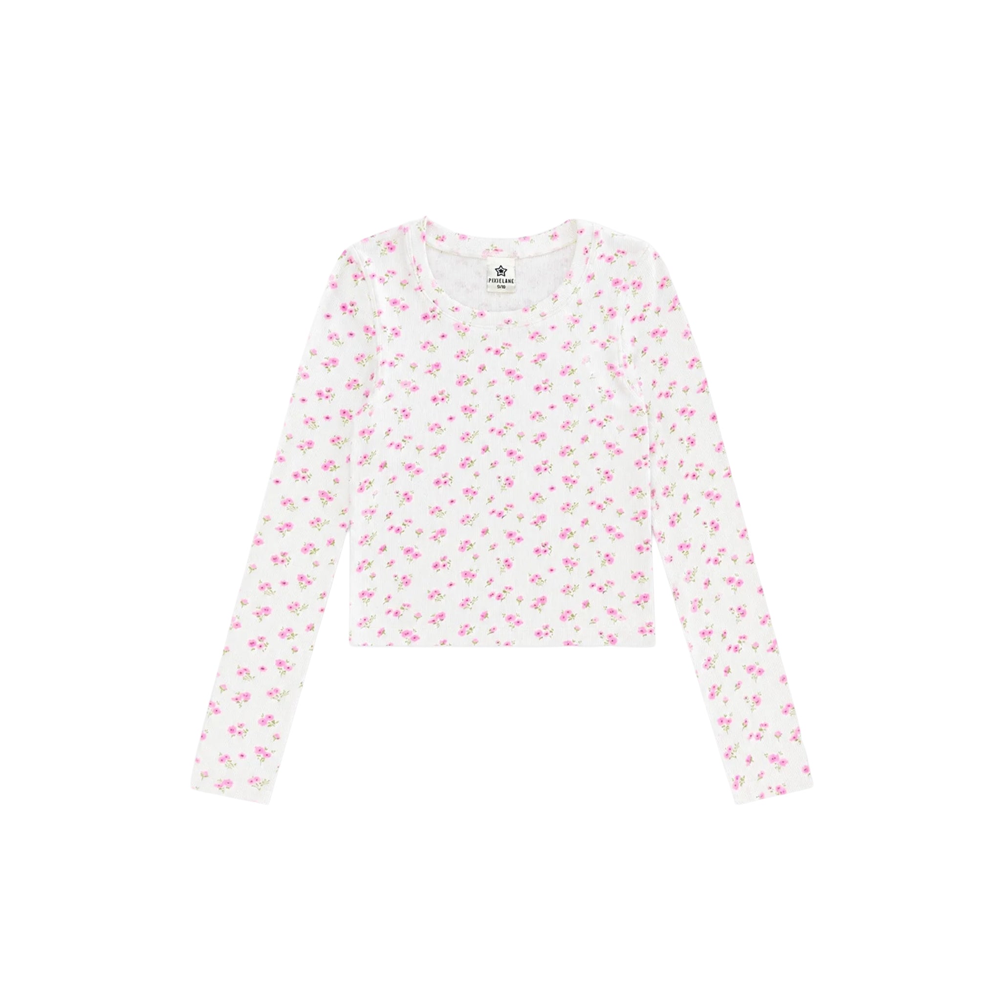 A long-sleeve crop top with a white base and a small pink floral pattern, laid flat against a solid white background.