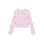 A light pink long-sleeve crop top with an all-over small red cherry print, displayed flat against a solid white background.