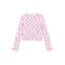 A light pink long-sleeve crop top with an all-over small red cherry print, displayed flat against a solid white background.