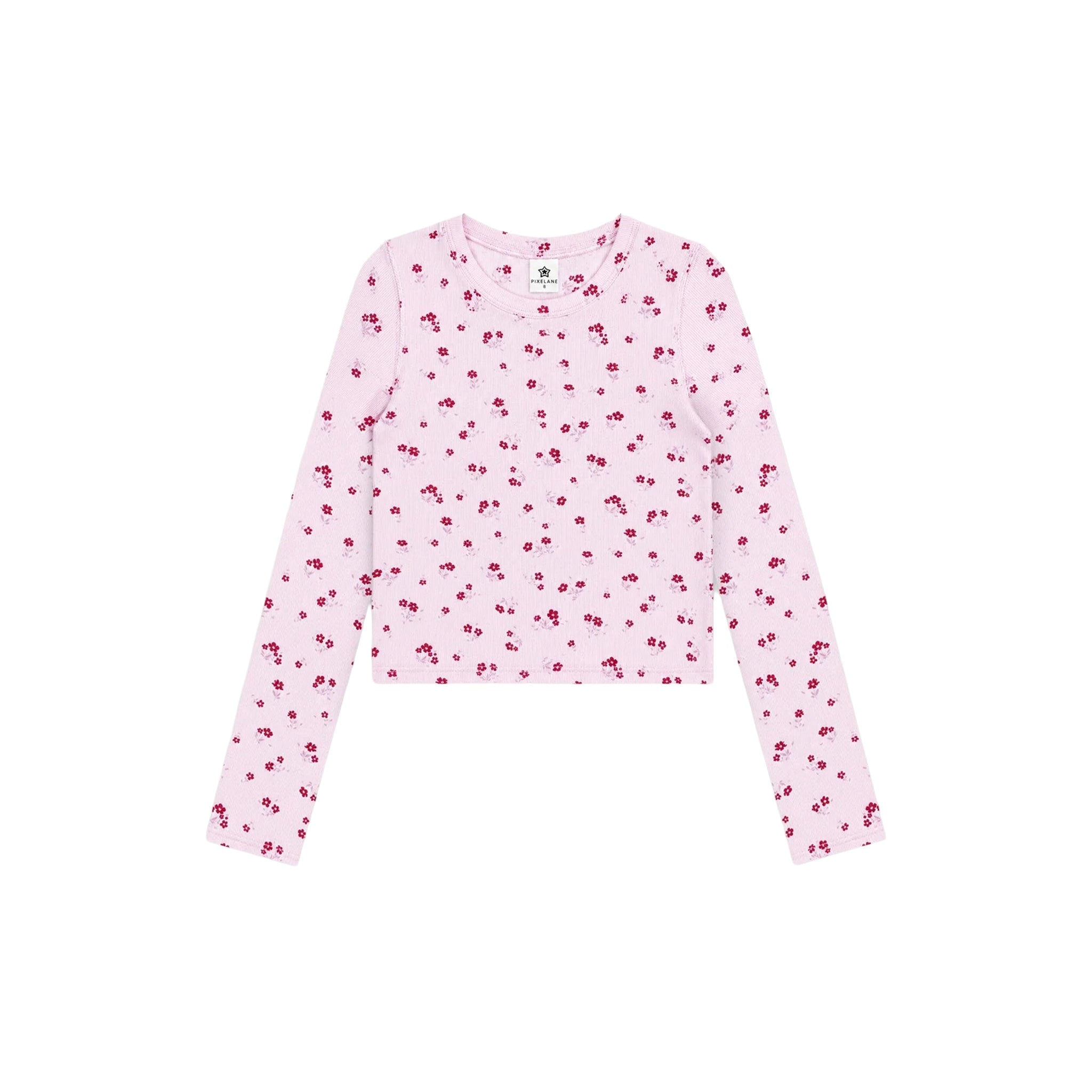 A light pink long-sleeve crop top with an all-over small red cherry print, displayed flat against a solid white background.