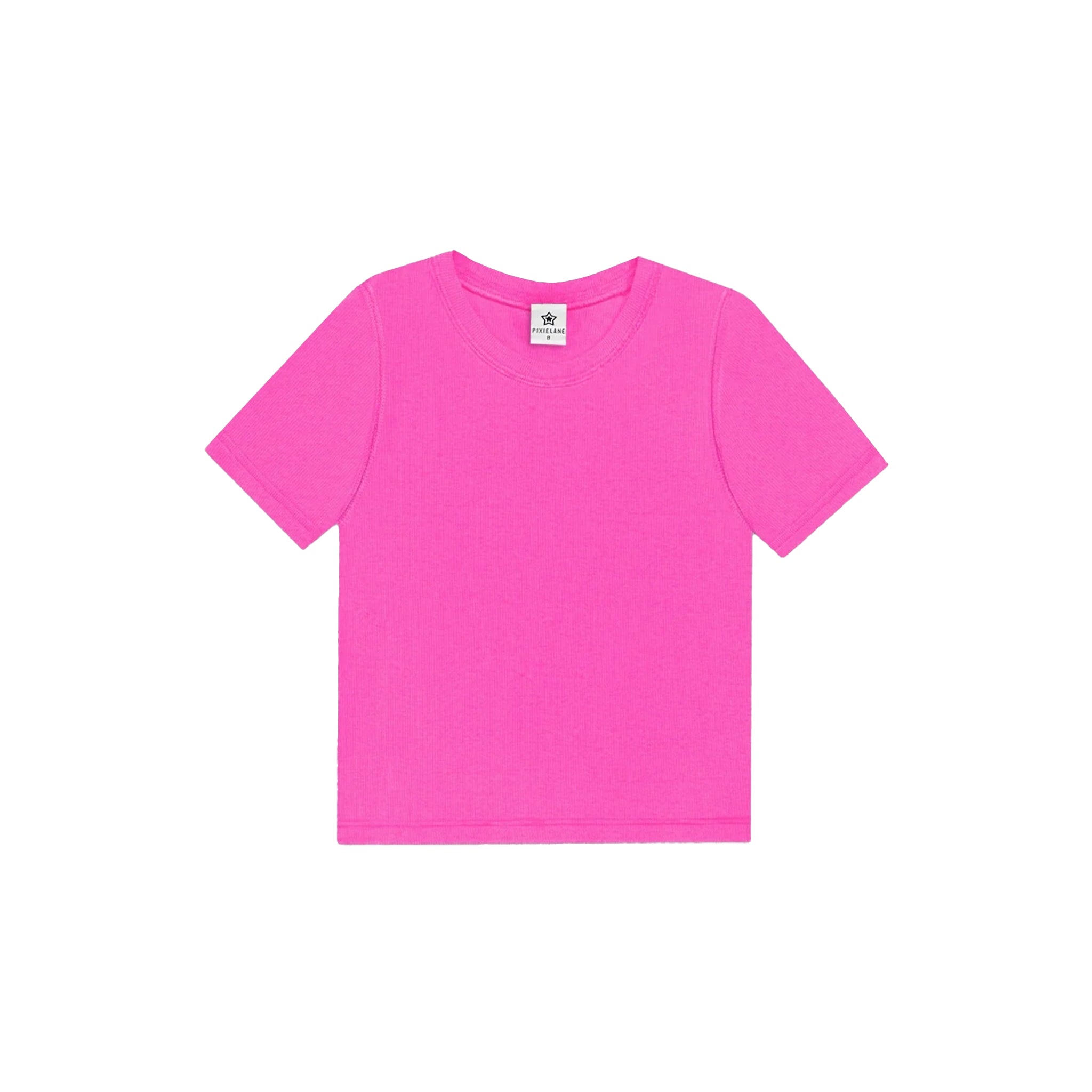 A bright pink short-sleeve crewneck t-shirt laid flat against a solid white background.