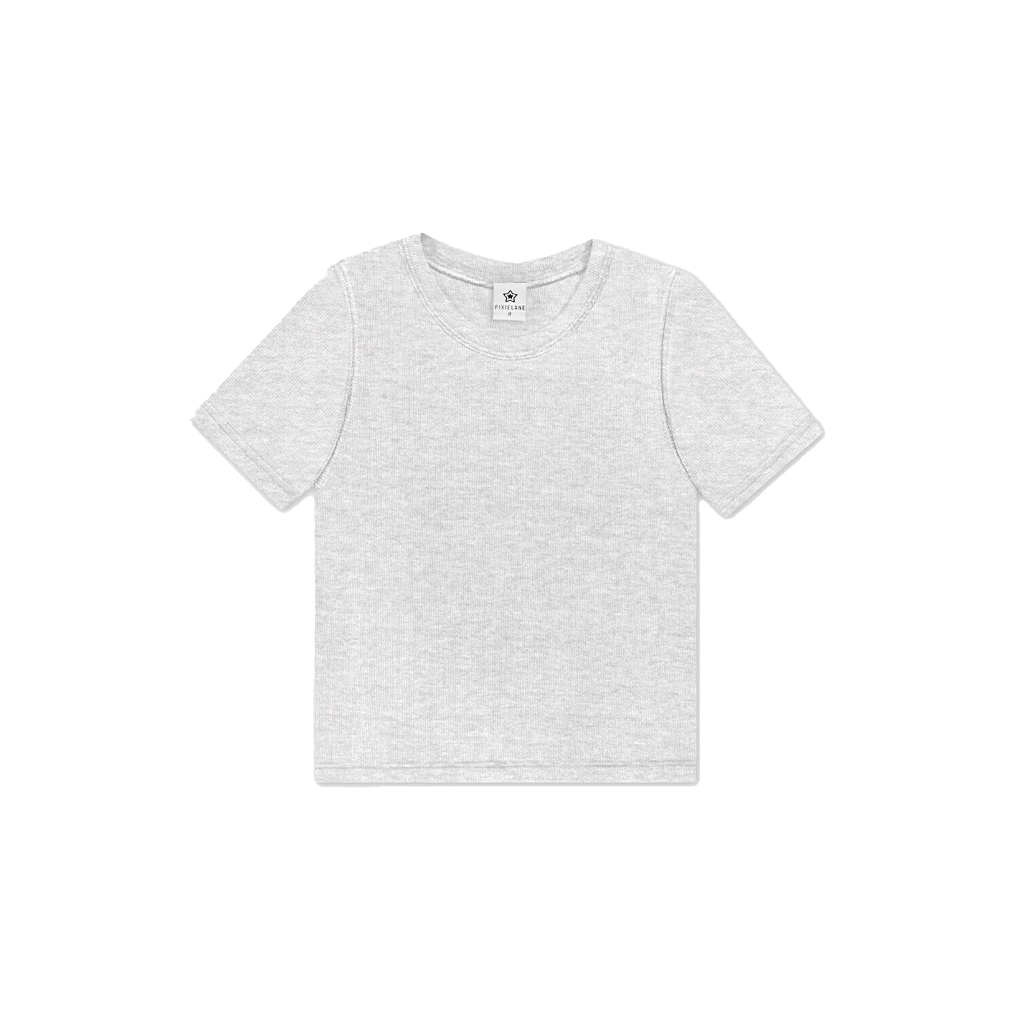 A light gray heather short-sleeve crewneck t-shirt laid flat against a solid white background.