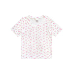 A white short-sleeve crewneck t-shirt with a small pink floral pattern, laid flat against a solid white background.
