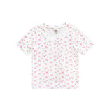 A white short-sleeve crewneck t-shirt with a small pink floral pattern, laid flat against a solid white background.