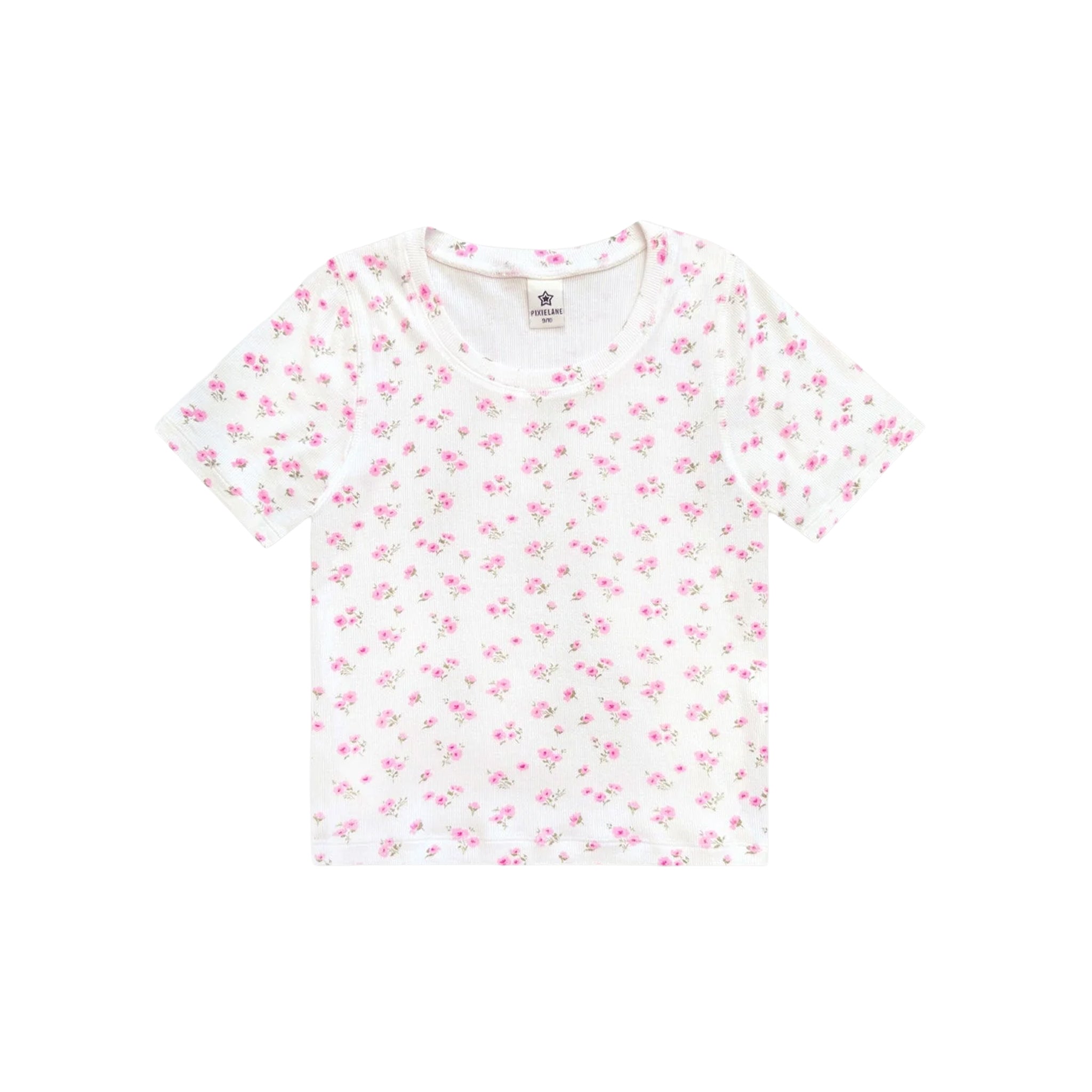 A white short-sleeve crewneck t-shirt with a small pink floral pattern, laid flat against a solid white background.