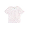 A white short-sleeve crewneck t-shirt with a small pink floral pattern, laid flat against a solid white background.