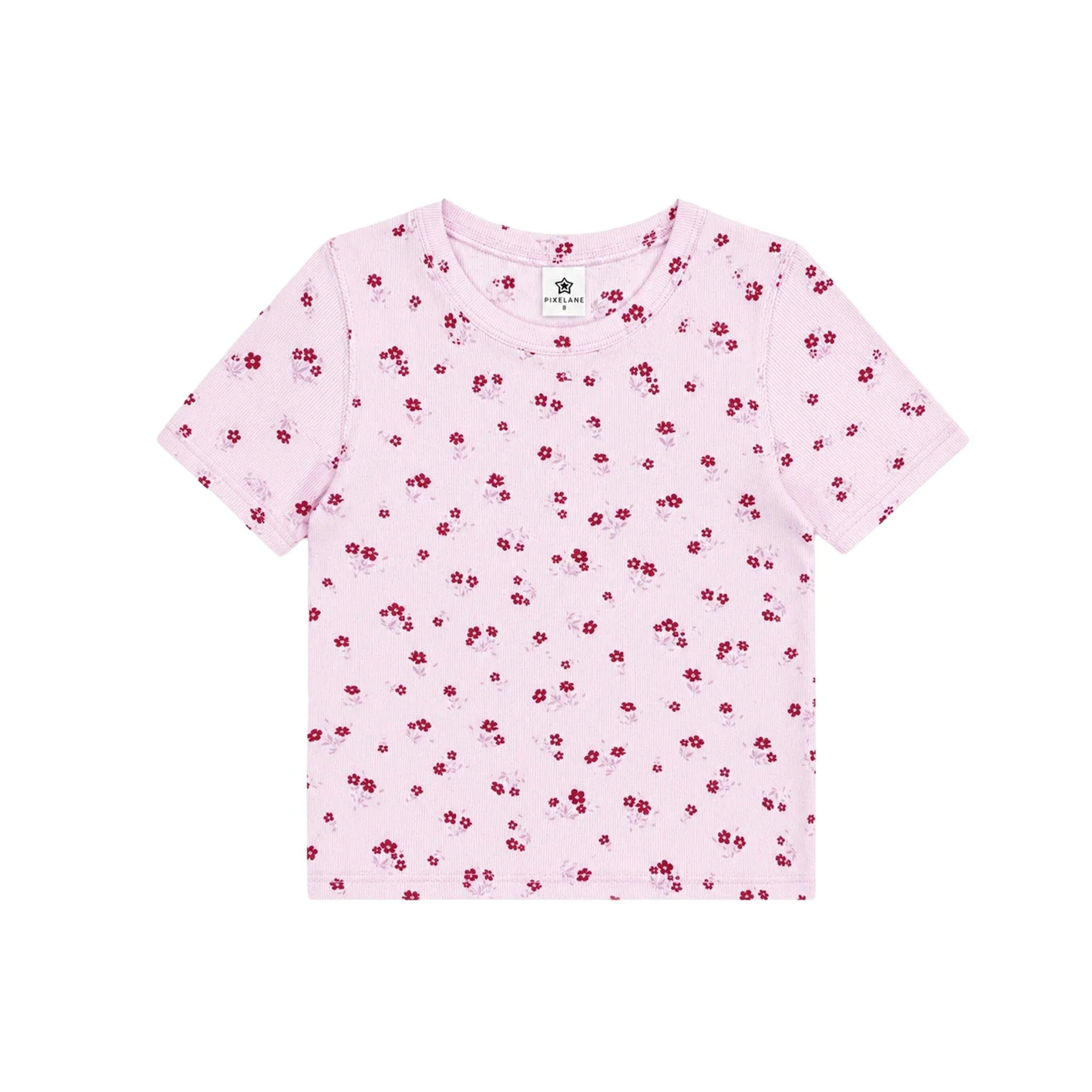 A light pink short-sleeve baby t-shirt with a small red cherry print, laid flat against a solid white background.