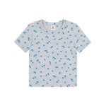 A light gray short-sleeve t-shirt with a small blue floral pattern all over, displayed flat against a white background.